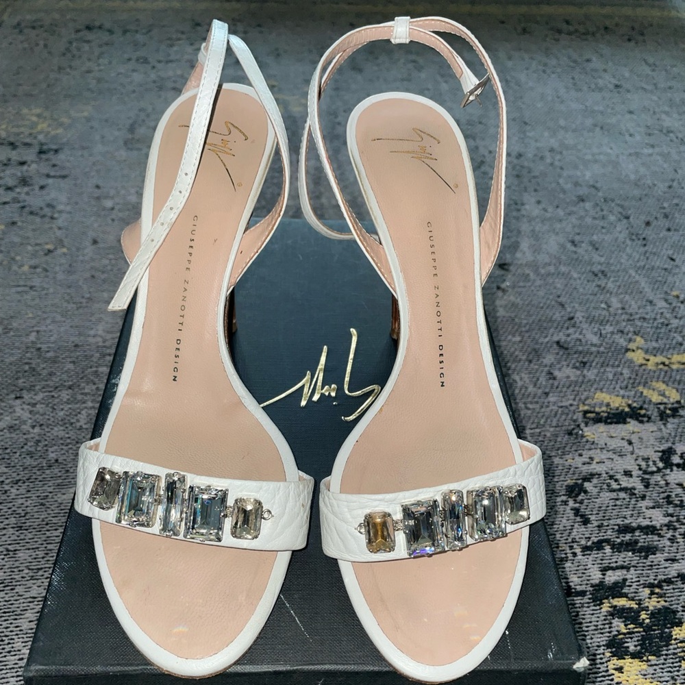 White Leather Giuseppe crystal stone sandals